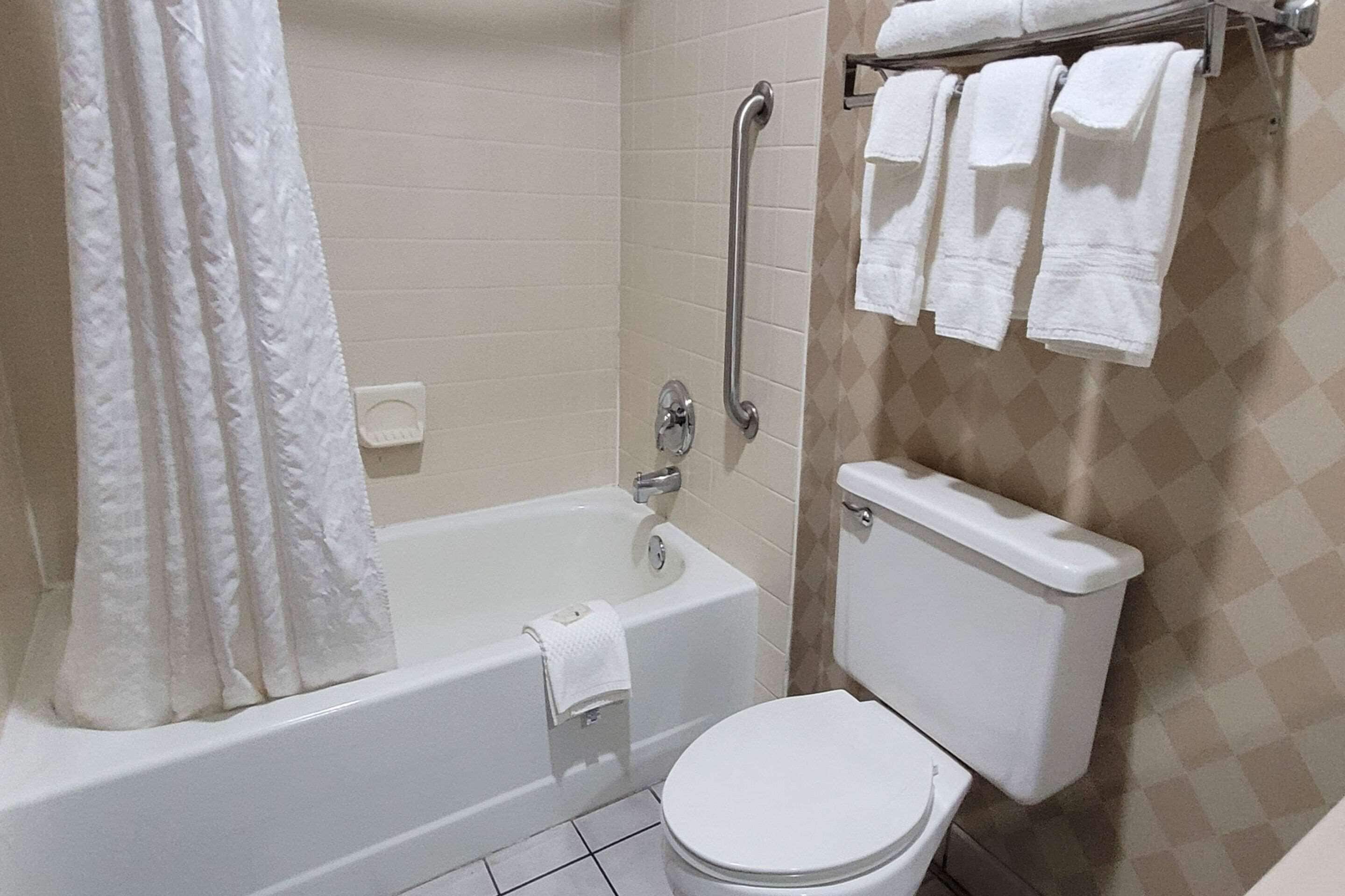 Een badkamer met bad, toilet en handgrepen.