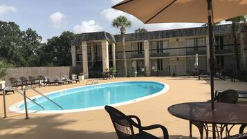 Outdoor pool, pool umbrellas, pool loungers