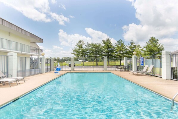 Seasonal outdoor pool, pool loungers