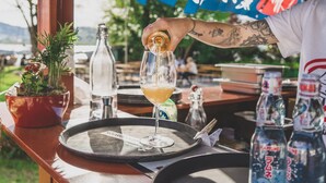 A person pouring a drink into a glass on a tray at a table with a potted plant and bottles in the background. - Seeburg Hotel (Lucerne)