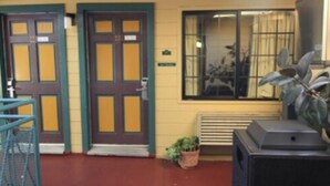 A building entrance with two doors, a small potted plant, and a radiator. - San Francisco Inn (San Francisco)