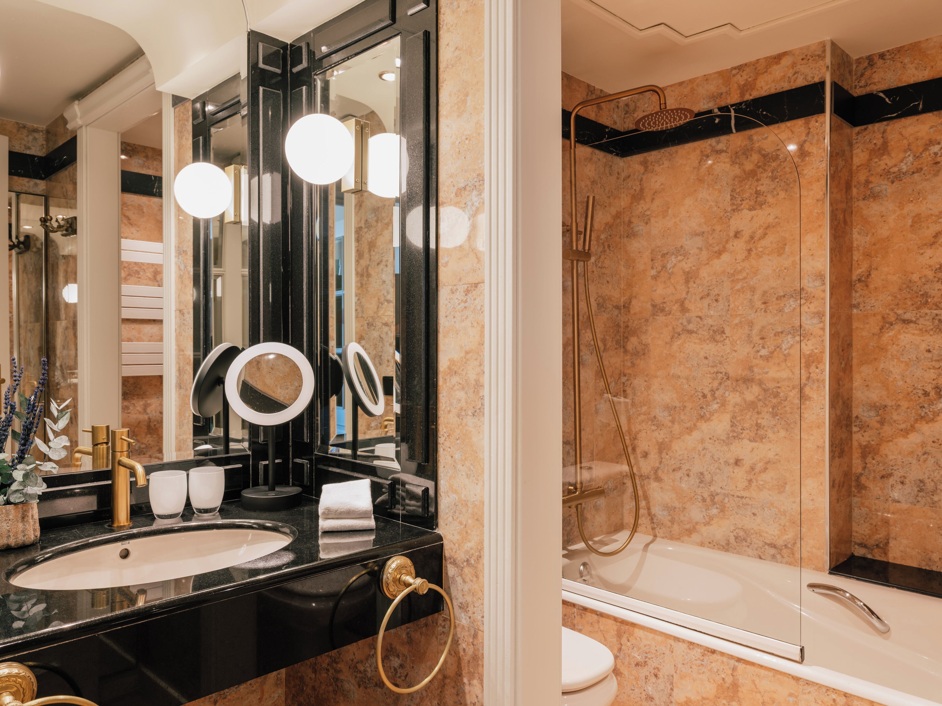 combined shower/bathtub, free toiletries, hair dryer, bathrobes