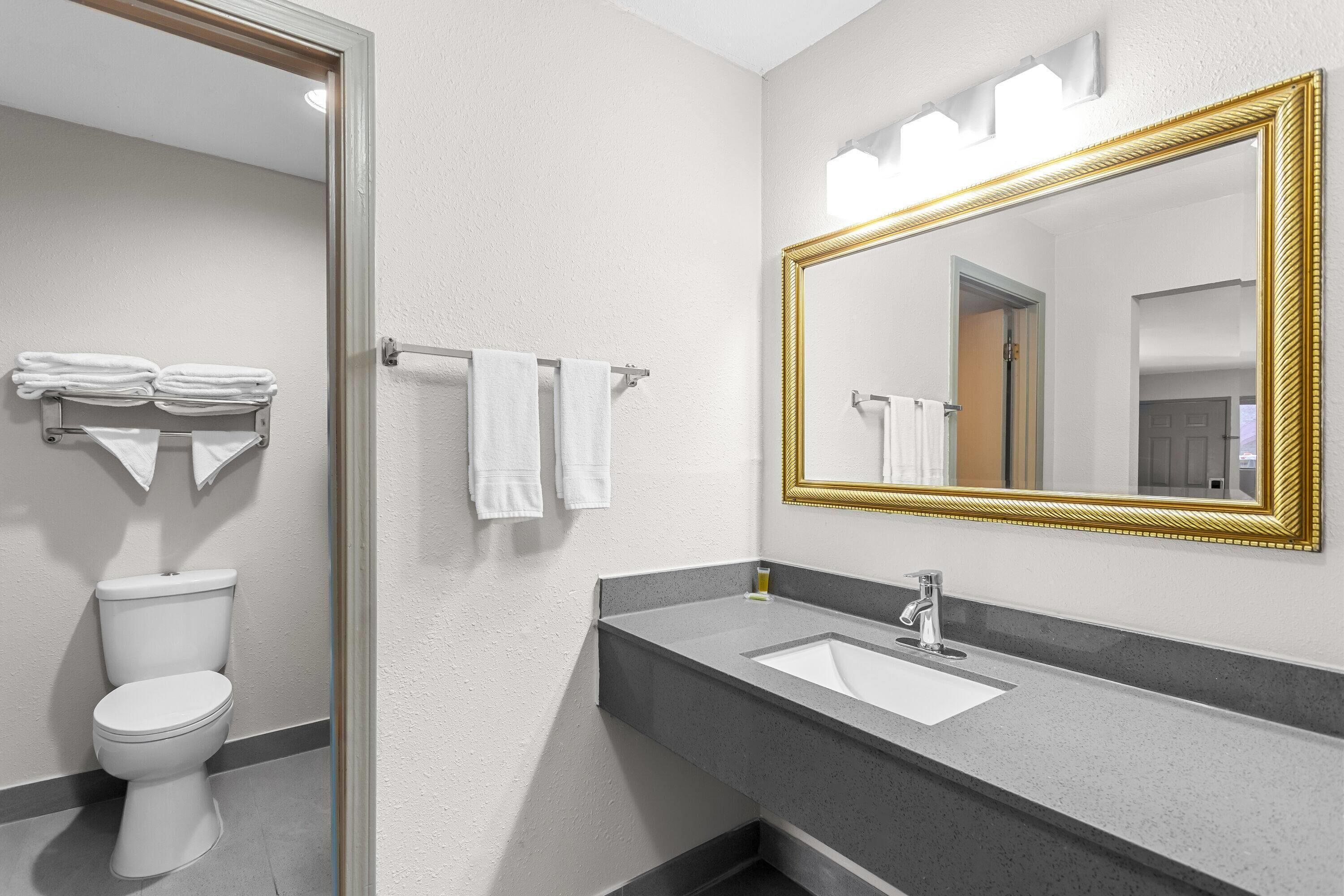 Une salle de bain moderne avec des toilettes blanches, un lavabo gris agrémenté d’un miroir à cadre doré, et deux serviettes suspendues à un porte-serviettes.