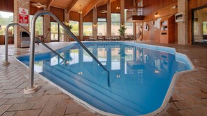 Una piscina interior con una escalera metálica, paredes de madera y vistas al exterior a través de grandes ventanales.