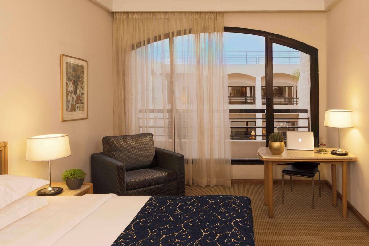 A hotel room with a bed, a chair, a desk with a laptop, a lamp, a potted plant, and a window with a view of a building.