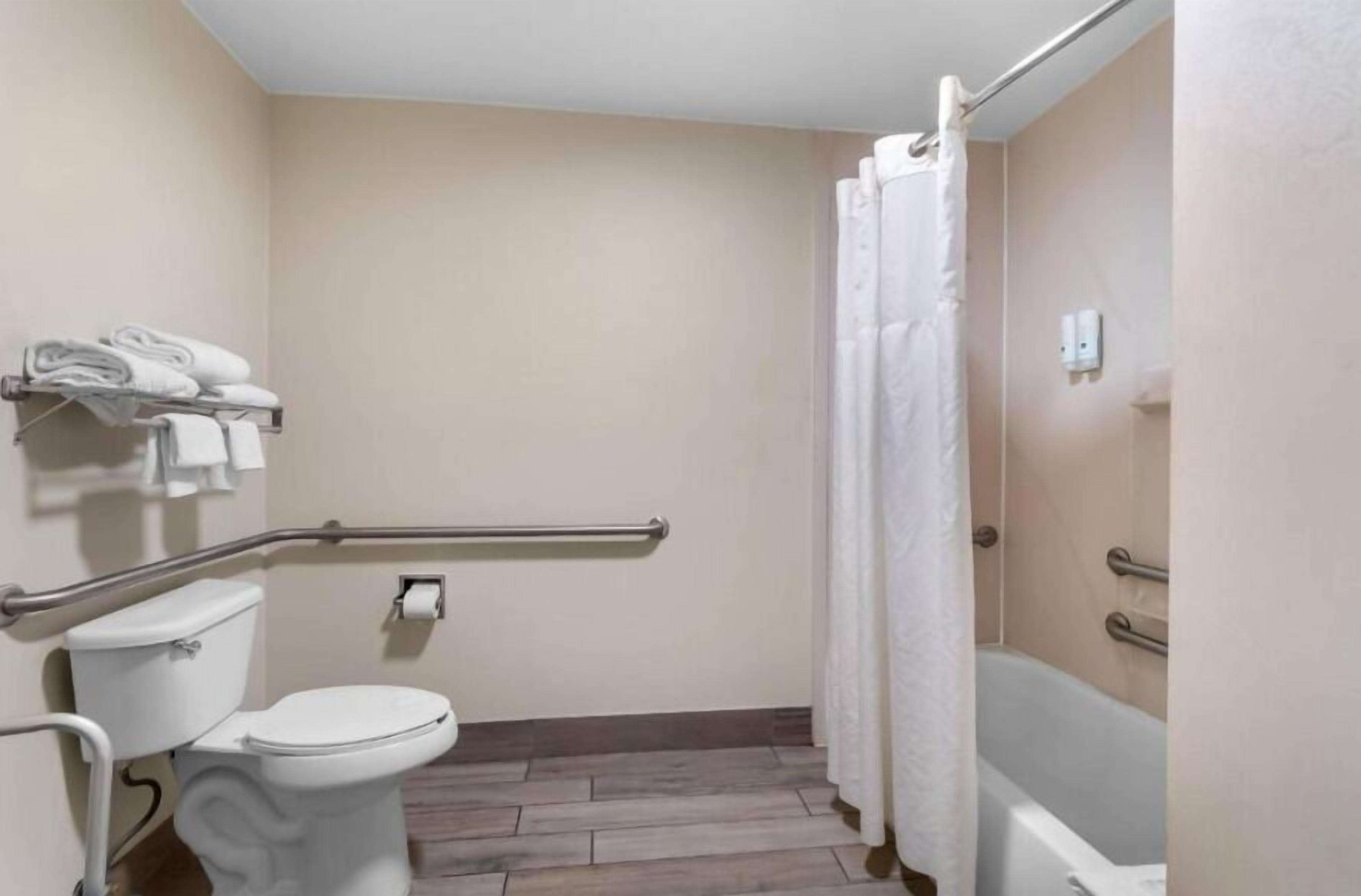 A bathroom with a toilet, a shower with a curtain, and a bathtub.