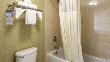 Een badkamer met toilet, bad en douchegordijn.