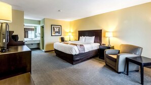Habitación de hotel con una cama grande, un escritorio, una silla y una mesita de noche.