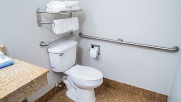 Ein Badezimmer mit Toilette, Haltegriffen, einem Handtuchhalter und einem Toilettenpapierhalter.