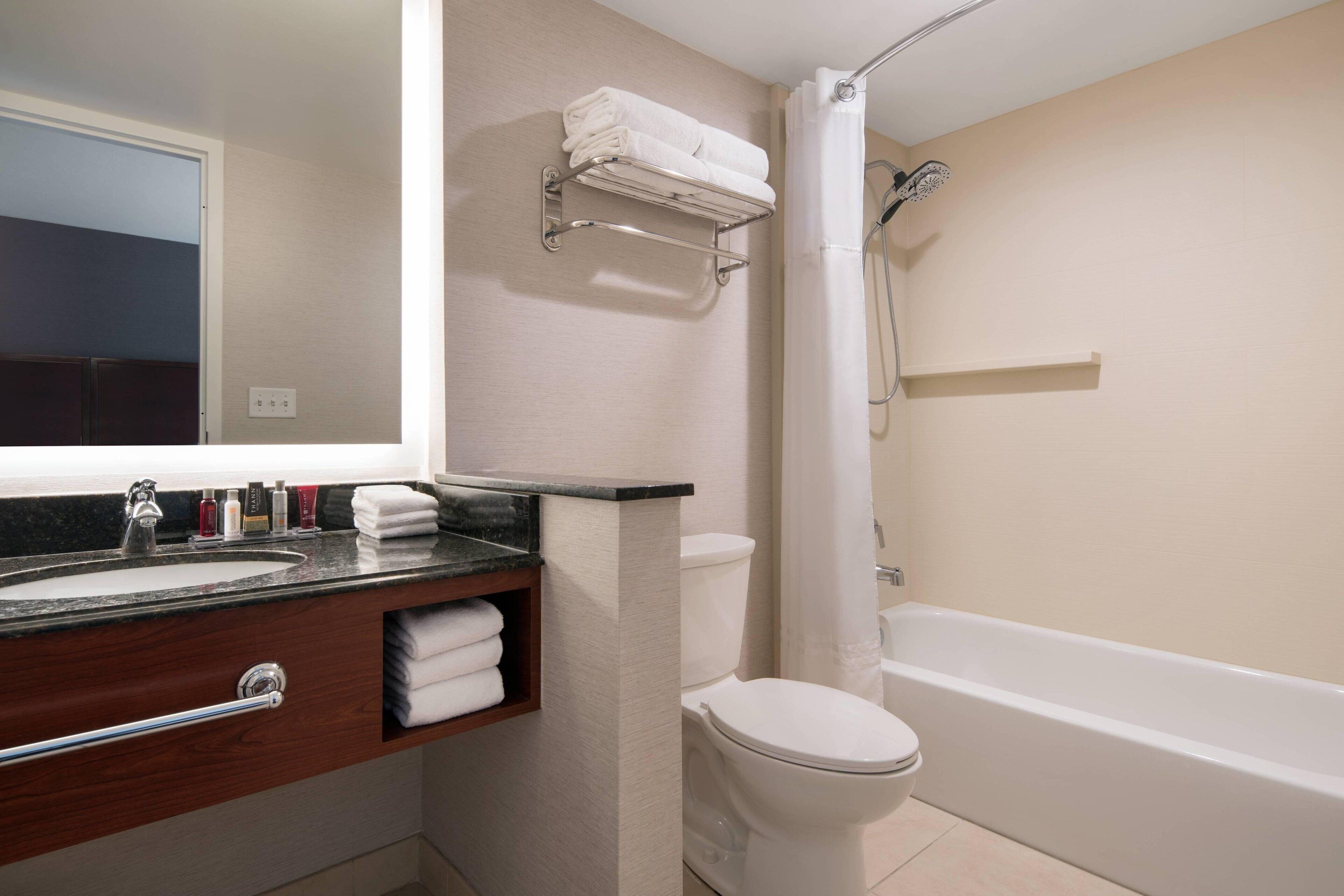 combined shower/bathtub, free toiletries, hair dryer, towels