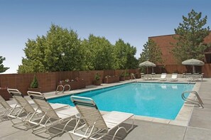 Une piscine entourée d’un mur de briques et d’arbres, avec des chaises longues et des parasols.