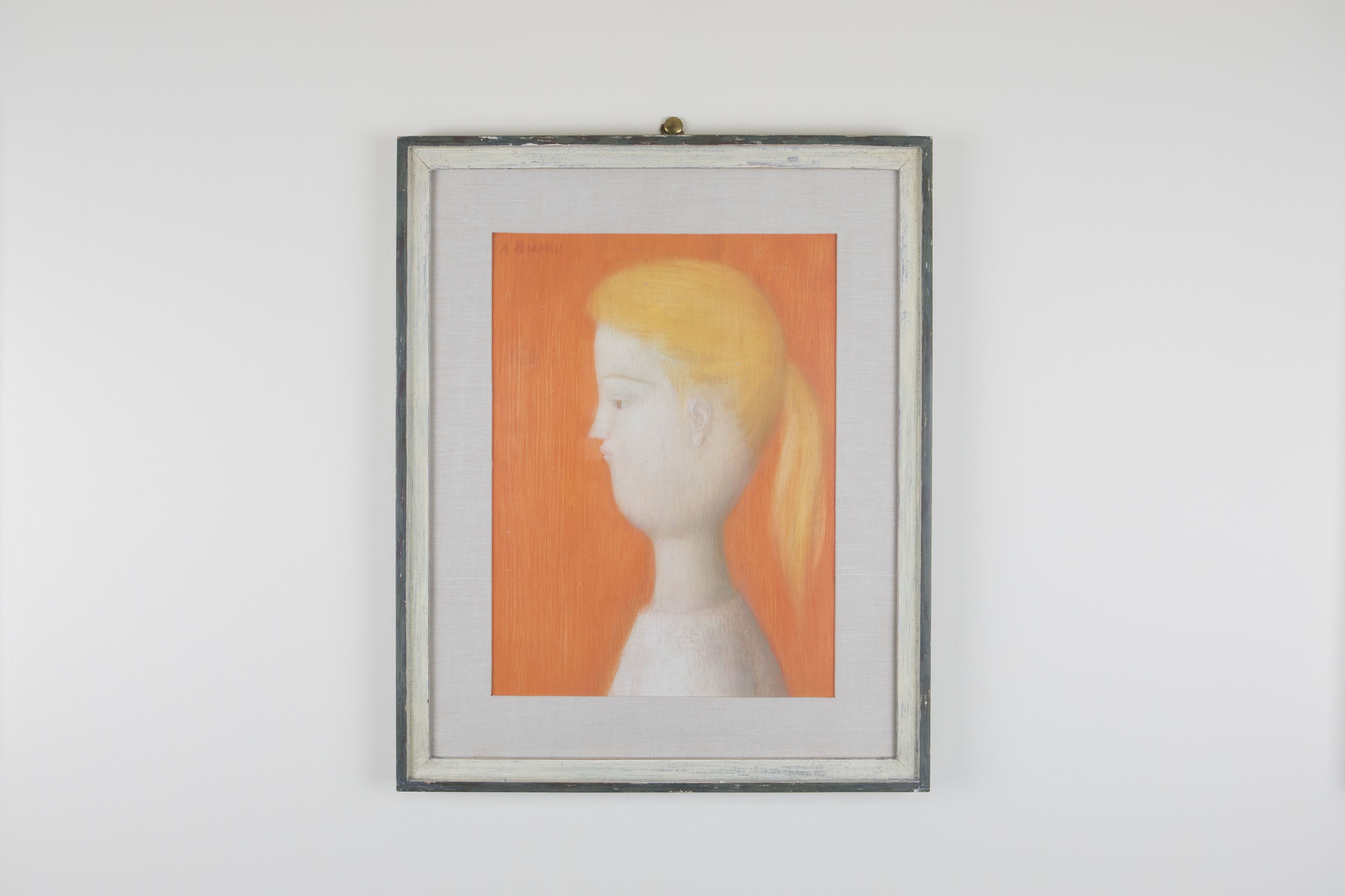 A framed artwork with a white figure against an orange background.