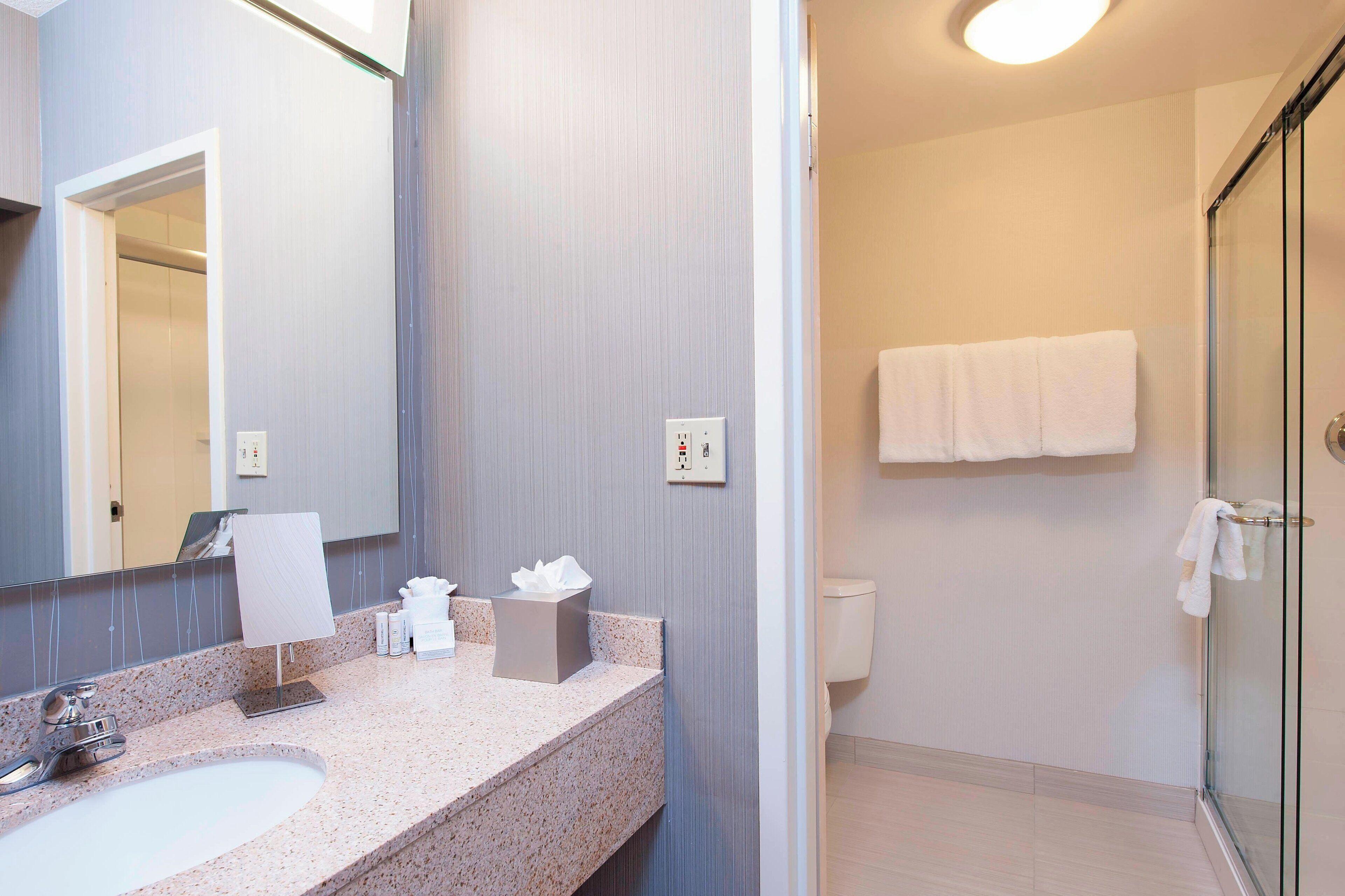 combined shower/bathtub, free toiletries, hair dryer, towels