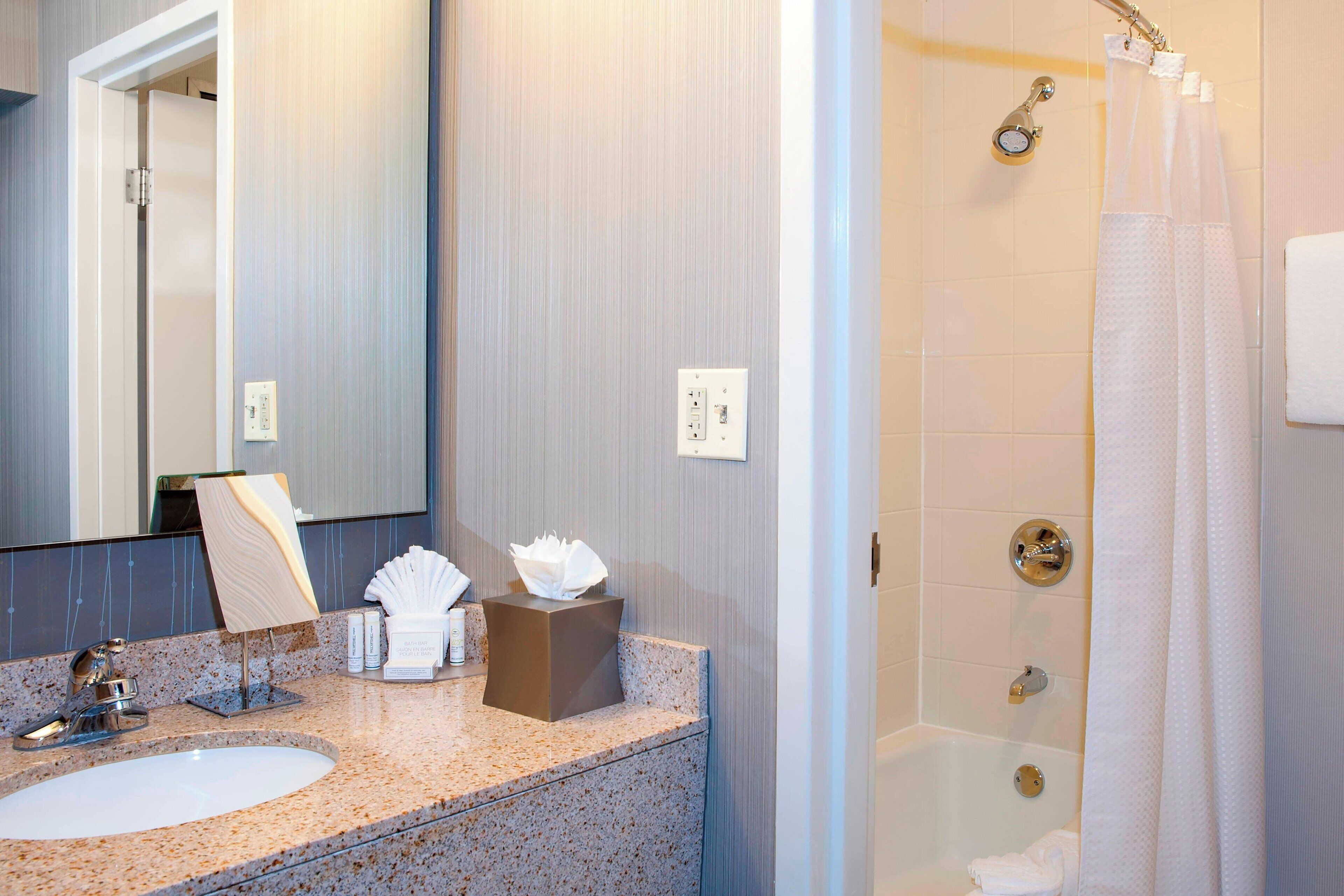 combined shower/bathtub, free toiletries, hair dryer, towels