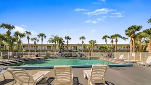 A swimming pool with lounge chairs and palm trees. - Econo Lodge Daytona Beach - Speedway (Daytona Beach)