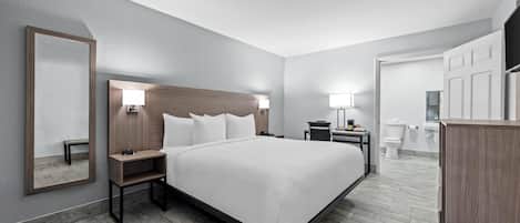 Premium bedding, desk, blackout drapes, iron/ironing board