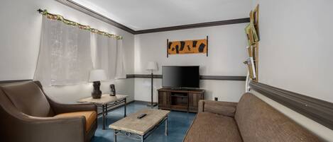 A living room with a sofa, armchair, coffee table, TV, and decorative items.