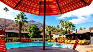 A pool area with lounge chairs, umbrellas, and palm trees.