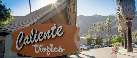 A sign for 'Caliente Tropics' at 411 East Palm Canyon Drive with a parking lot and palm trees in the background.