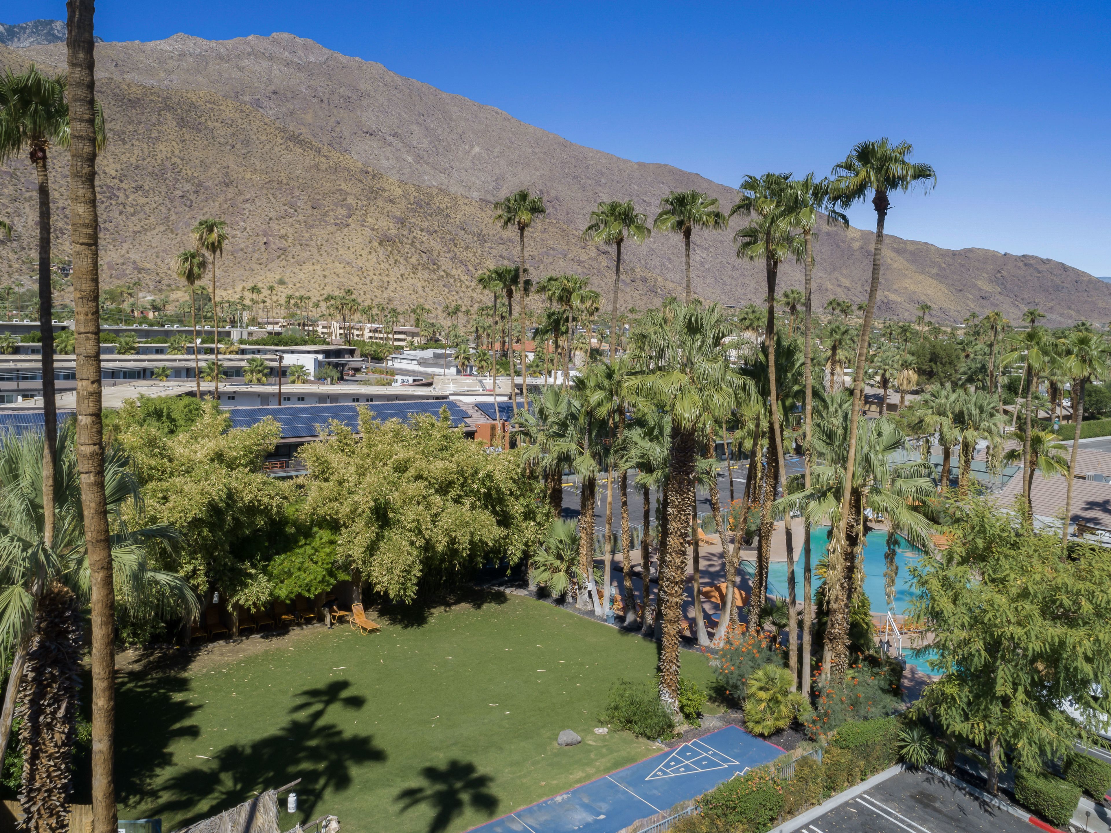 Un complexe hôtelier doté d’une piscine, de palmiers et offrant une vue sur les montagnes.
