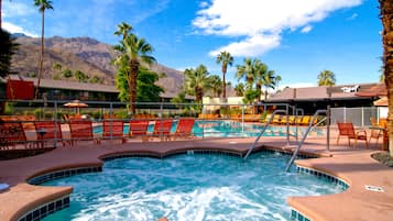 A heated pool, open 8:00 AM to midnight, sun loungers