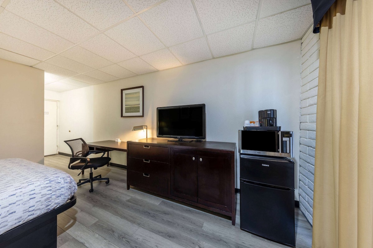 Una habitación de hotel con una cama, un escritorio con silla, televisor, microondas y refrigerador.