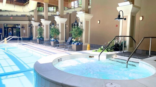 An indoor swimming pool with a hot tub, surrounded by columns and potted plants, under a glass ceiling. - Four Points By Sheraton Norwood (Norwood)