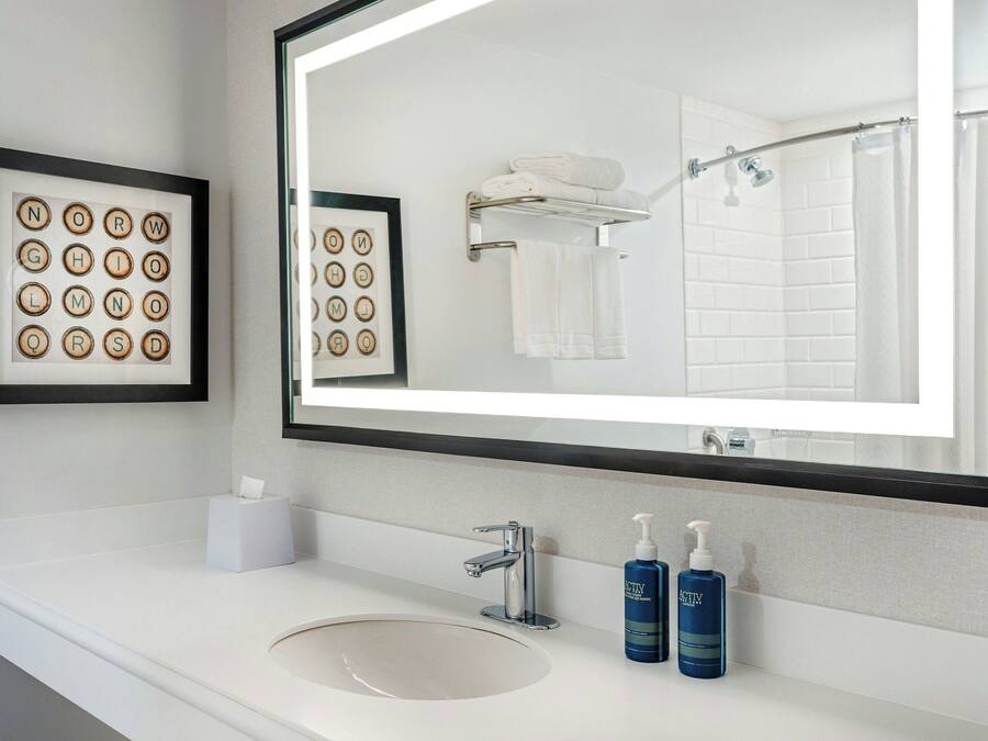 A bathroom with a large mirror, a sink, two bottles of lotion, and framed word puzzles on the wall.