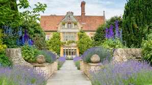 Un bâtiment traditionnel avec un chemin de pierre menant à une porte en bois, entouré d’une végétation luxuriante et de fleurs violettes.