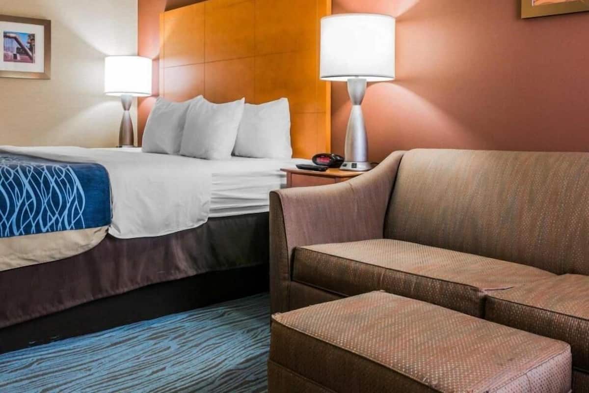 Premium bedding, pillow-top beds, desk, laptop workspace