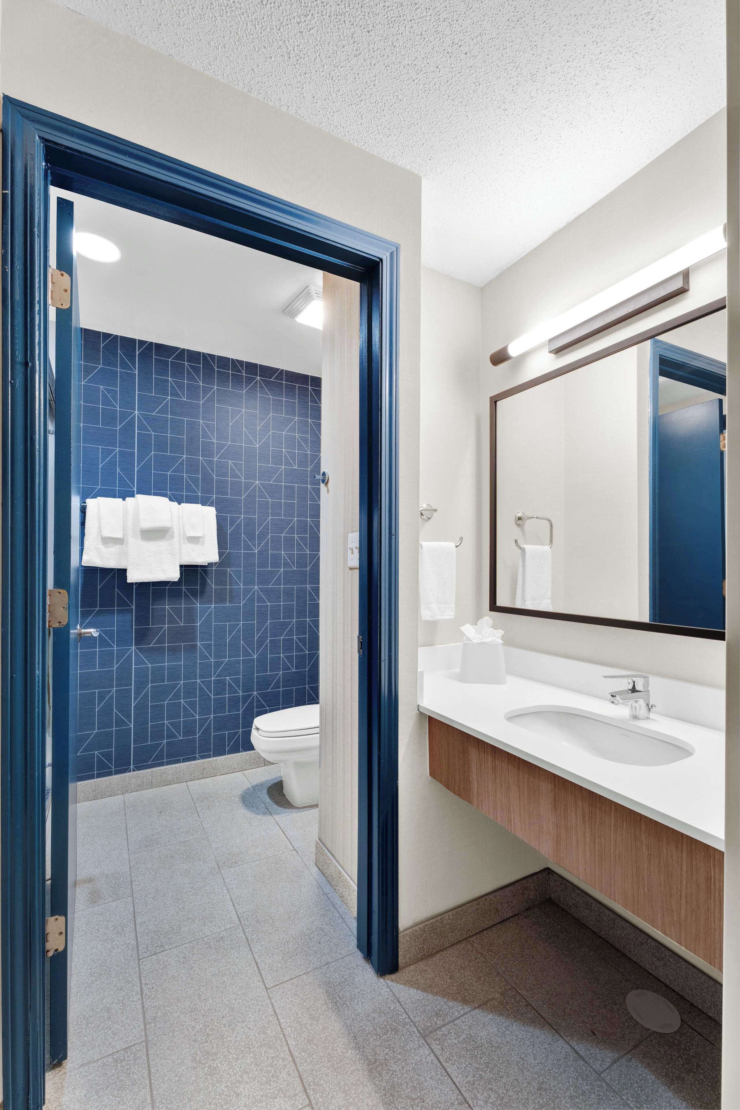Une salle de bain moderne avec un mur recouvert de carreaux bleus, un lavabo blanc et un grand miroir.