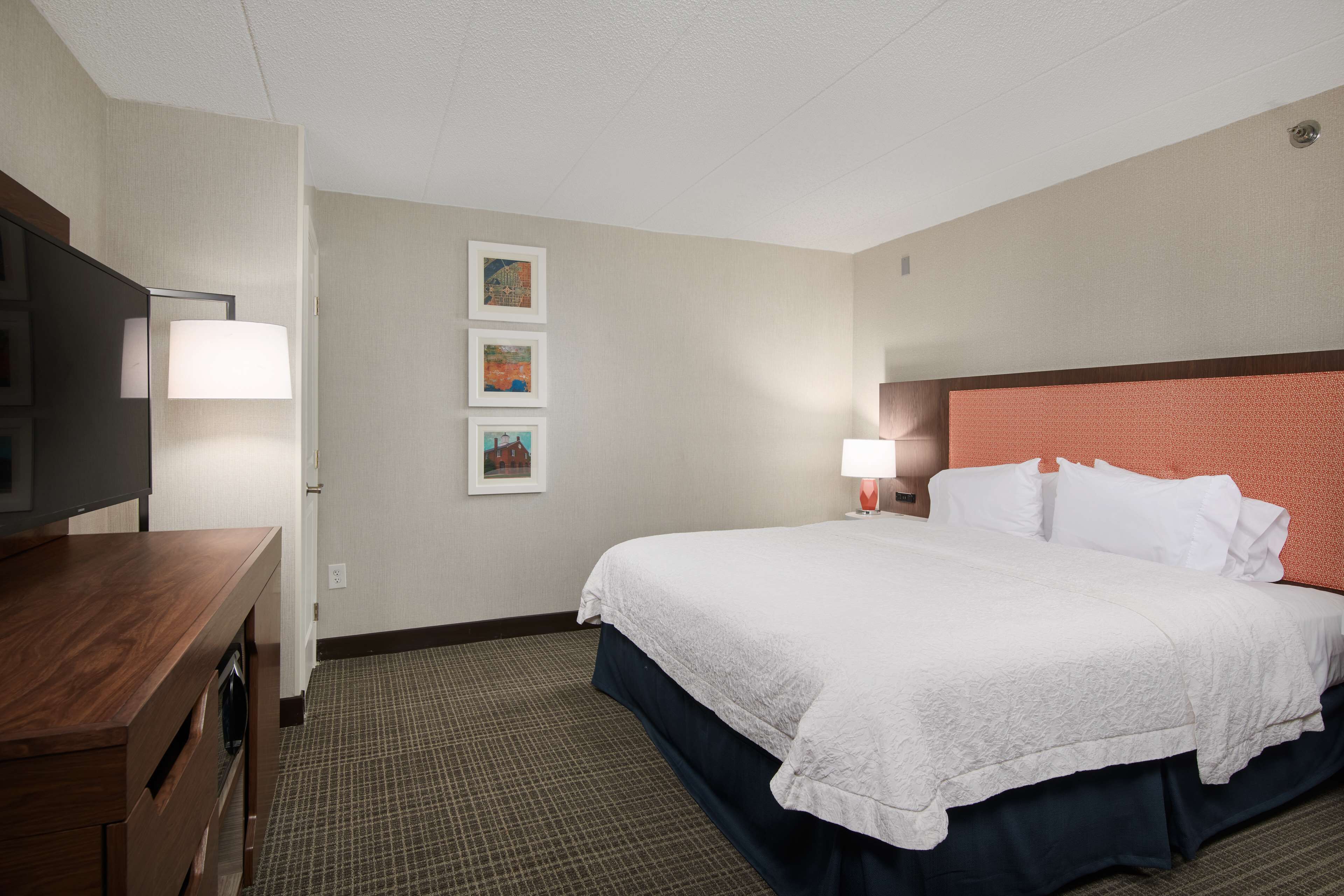 A hotel room with a bed, a desk, a television, and wall art.