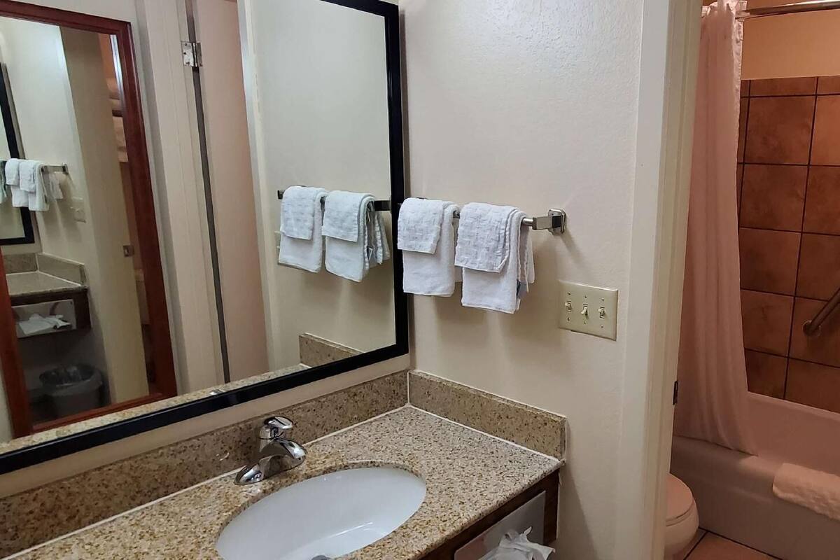 A bathroom with a sink, mirror, towel rack, shower, and a toilet.