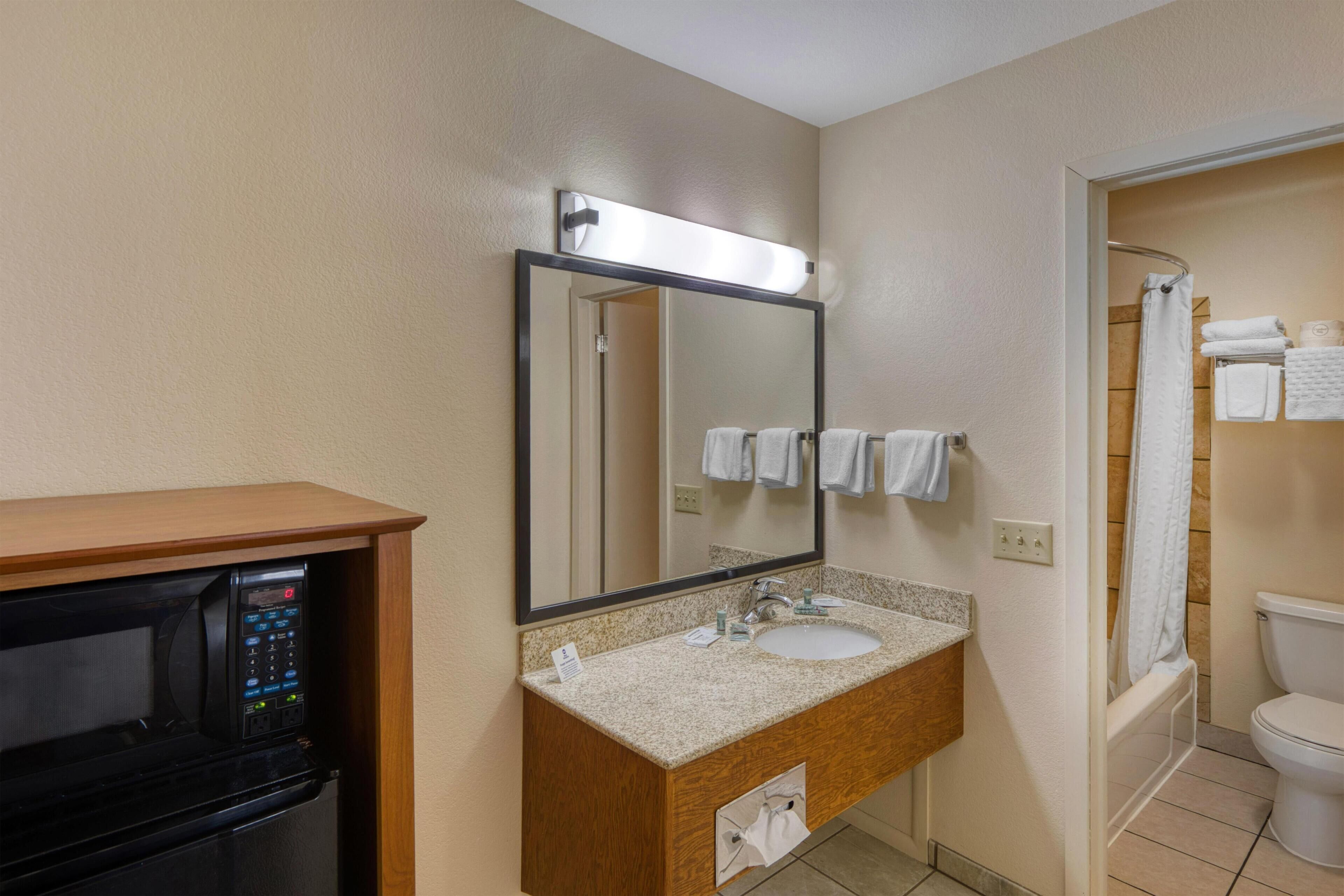 A bathroom with a sink, mirror, shower, and a microwave.