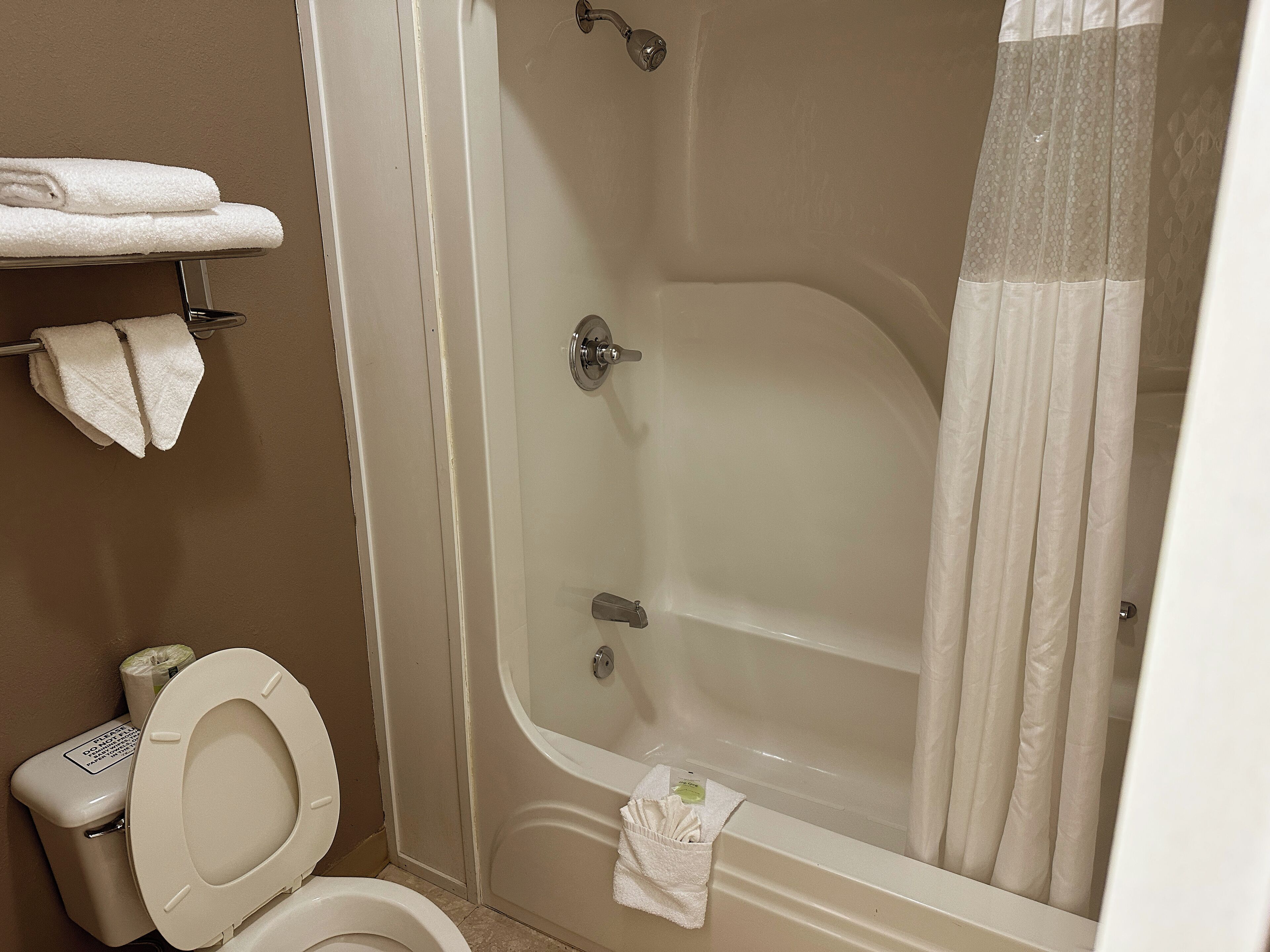 A bathroom with a toilet, a bathtub, and a shower curtain.
