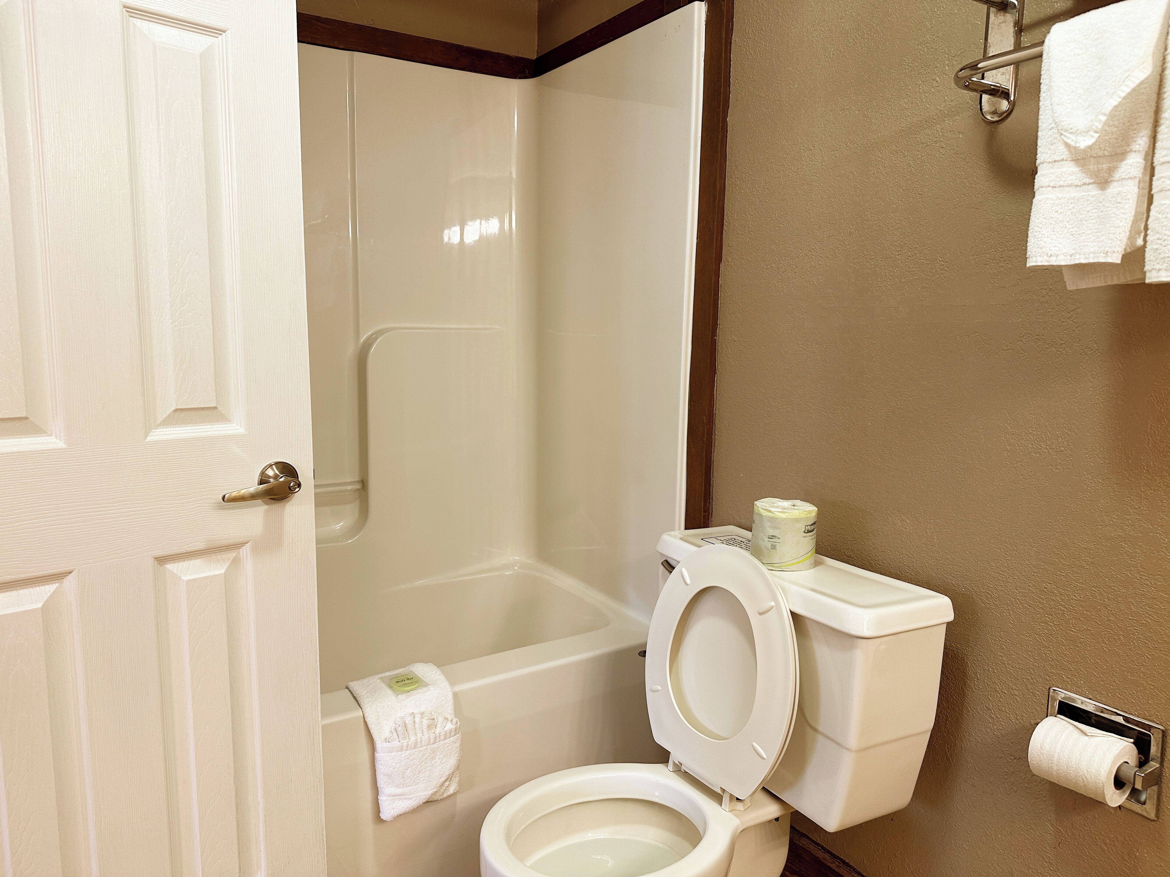 A bathroom with a toilet, a bathtub, and a shower.
