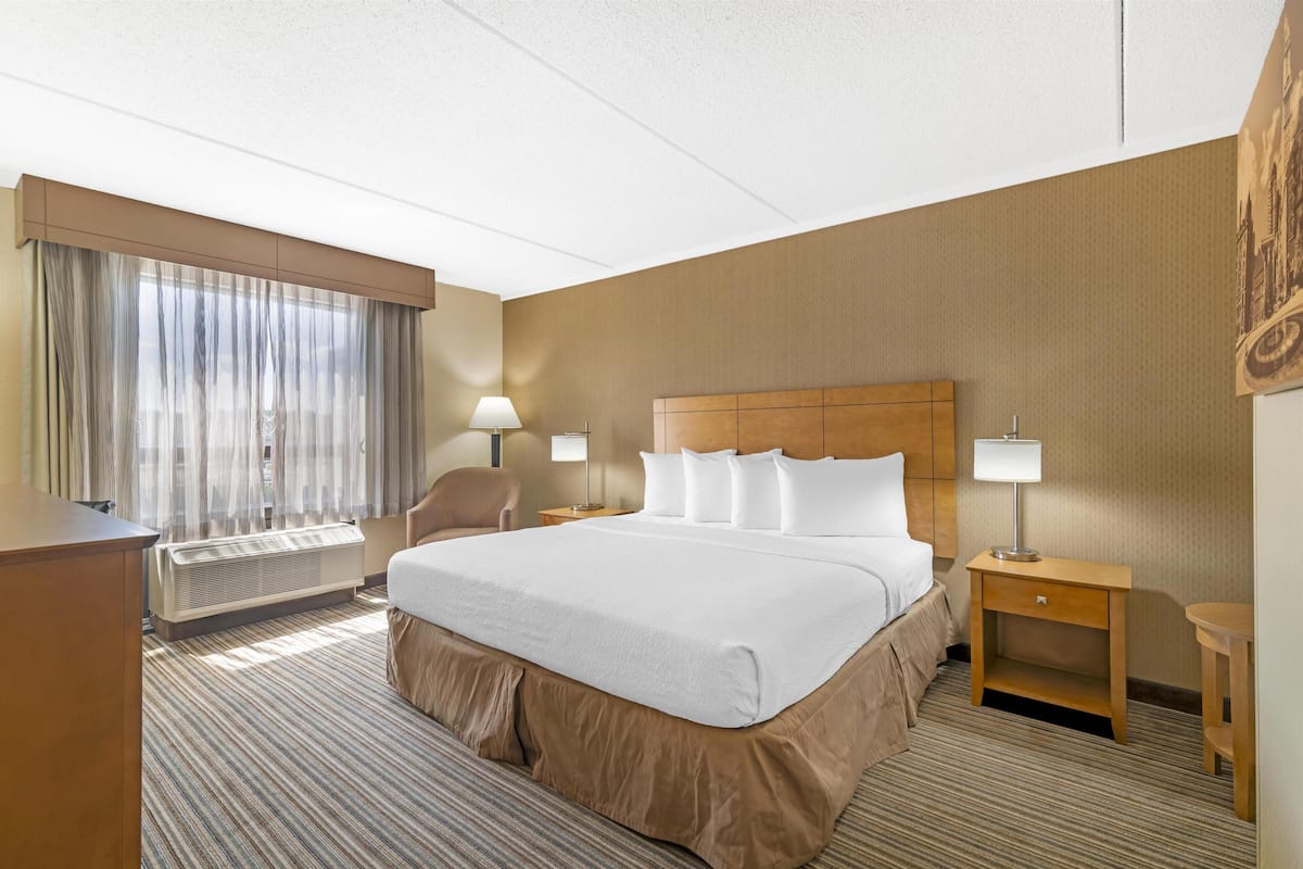 Een hotelkamer met een groot bed, twee nachtkastjes met lampen, een stoel en een bureau.