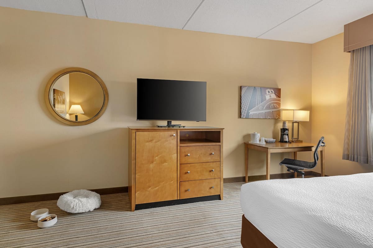 Standaard kamer, 1 kingsize bed, niet-roken, koelkast & magnetron (Pet Friendly) | Een bureau, een laptopwerkplek, een strijkplank/strijkijzer