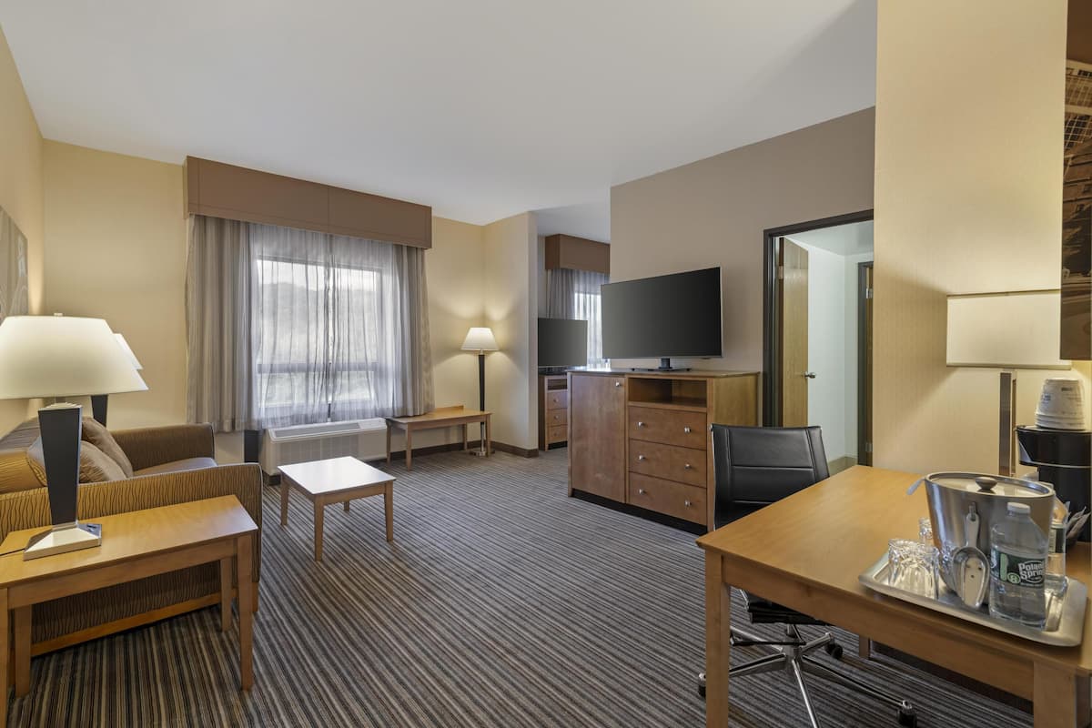 Hotelkamer met een bank, bureau, televisie, koffiezetapparaat en minibar.