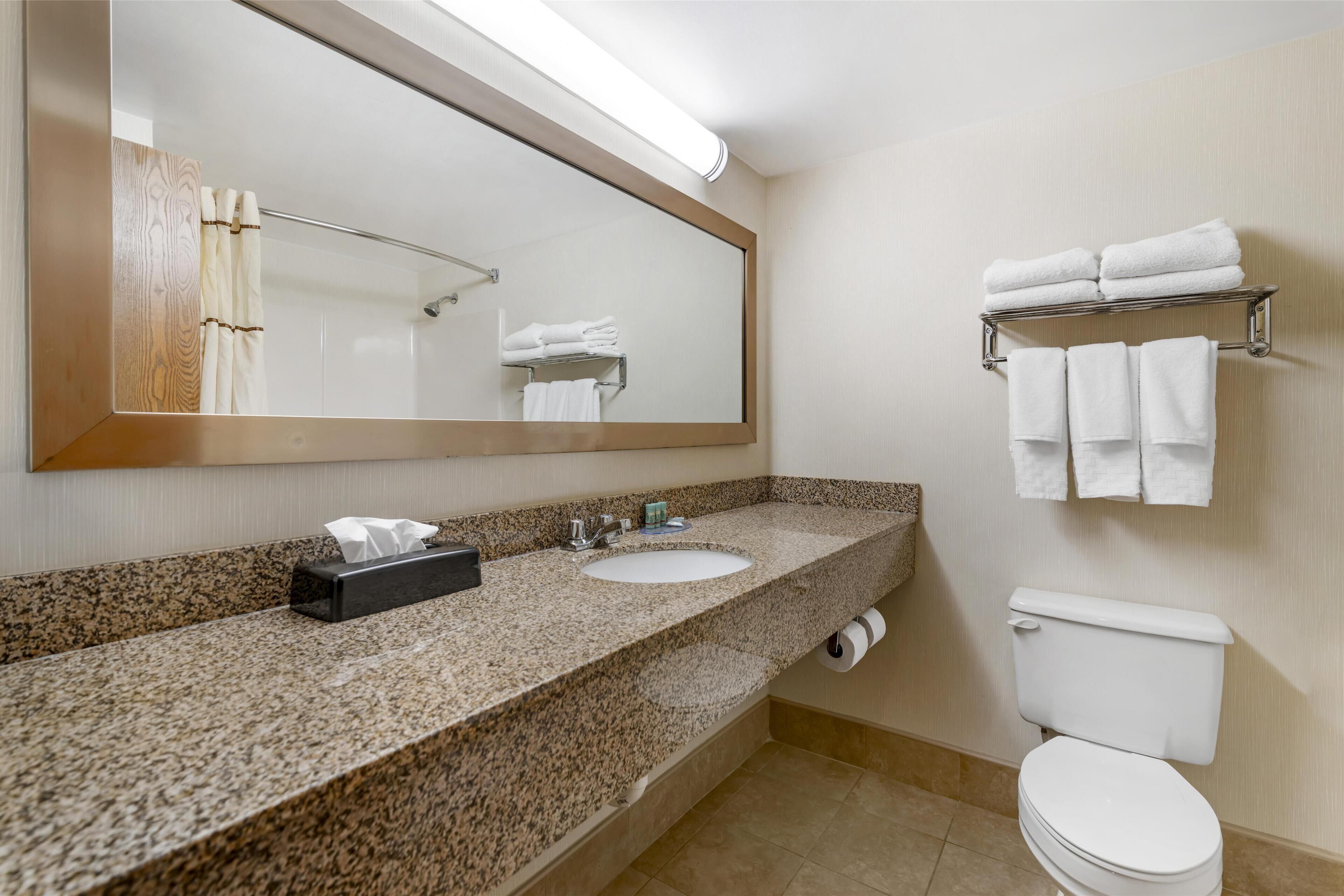 A bathroom with a granite countertop, two sinks, a large mirror, a towel rack, and a toilet.