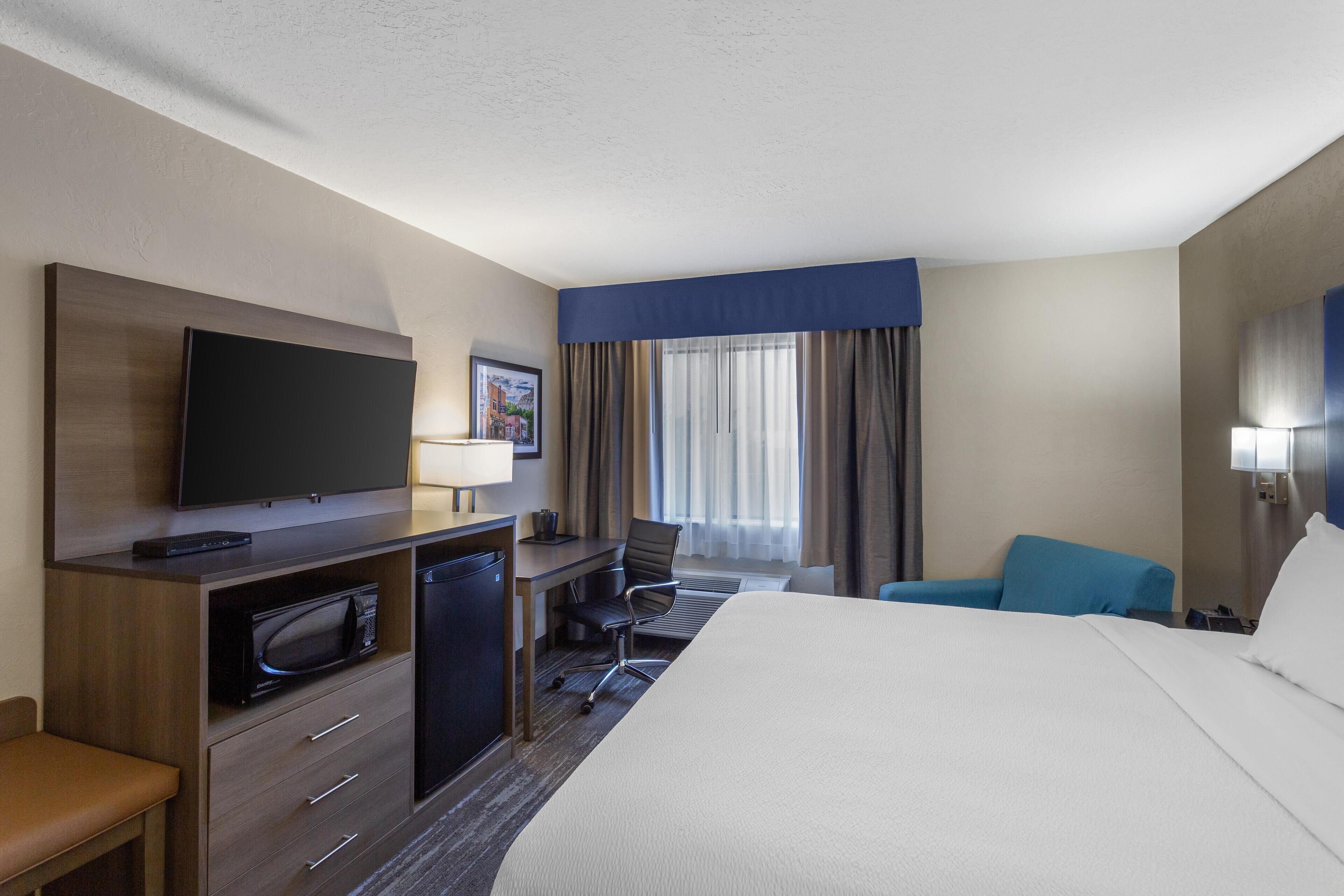 A hotel room with a bed, a desk with a television, a microwave, a chair, and a blue couch.