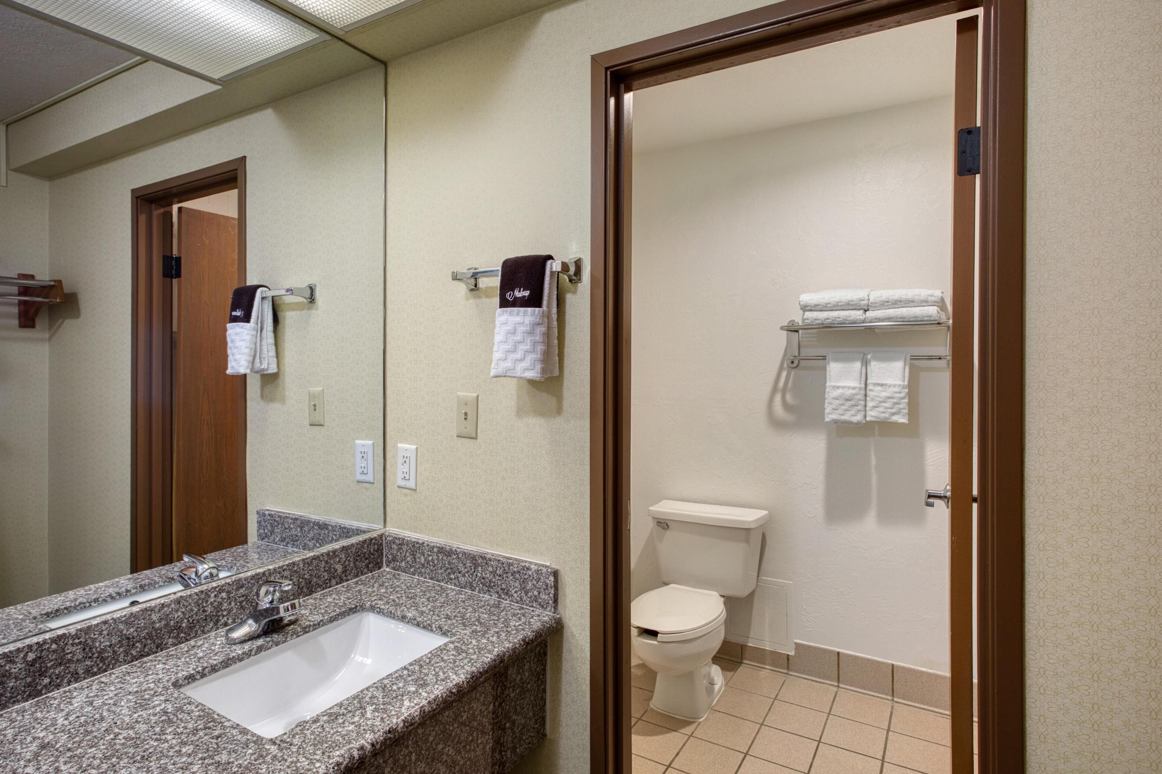A bathroom with a granite countertop sink, a mirror, a toilet, and a towel rack with towels.