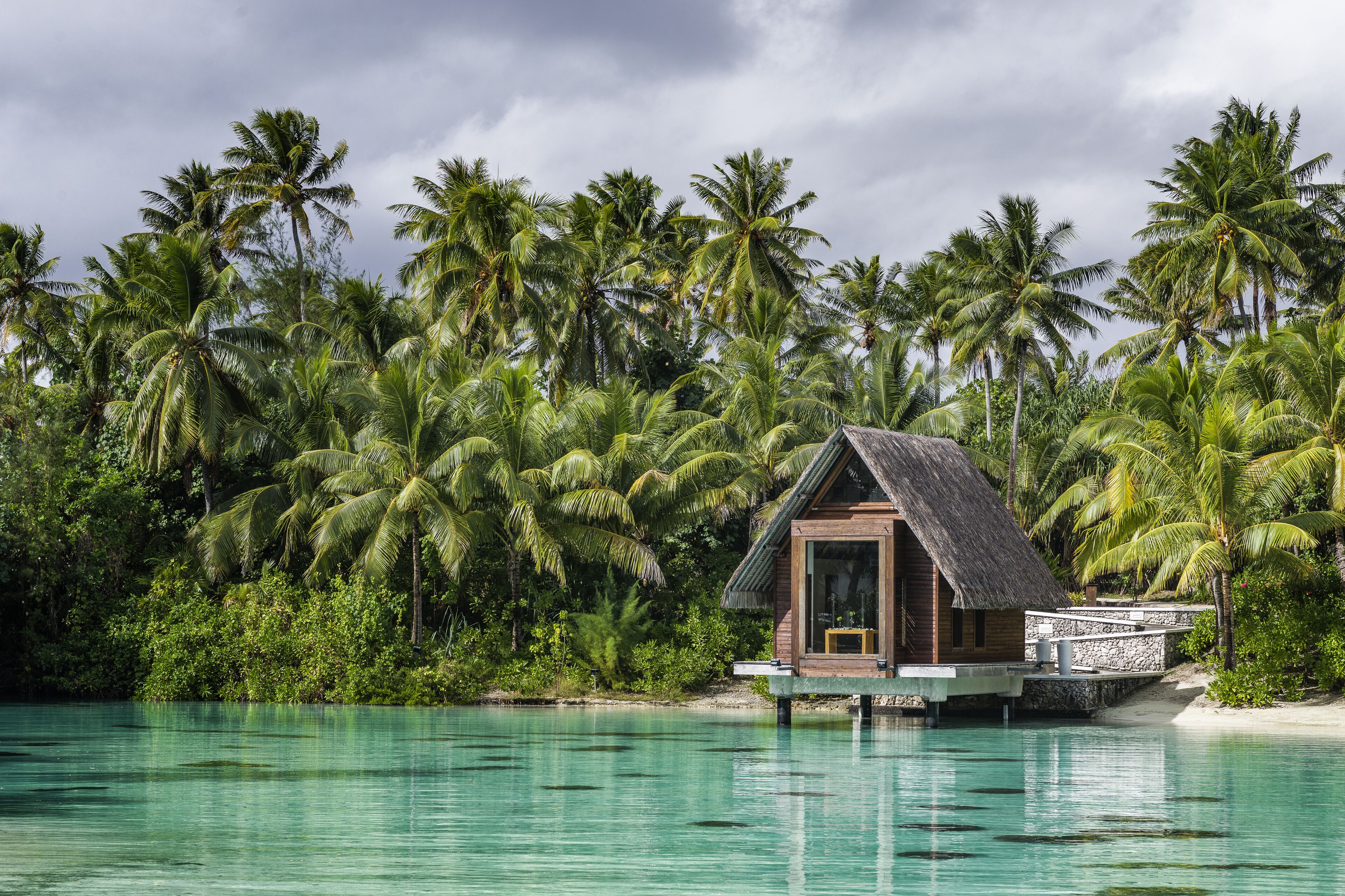 Une petite construction en bois, surmontée d’un toit de chaume, entourée de palmiers luxuriants et d’une eau turquoise cristalline.