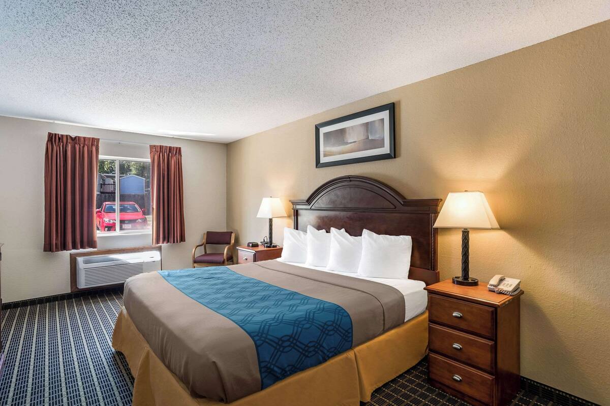A hotel room with a bed, two bedside lamps, a nightstand with a phone, a window with curtains, and a picture on the wall.