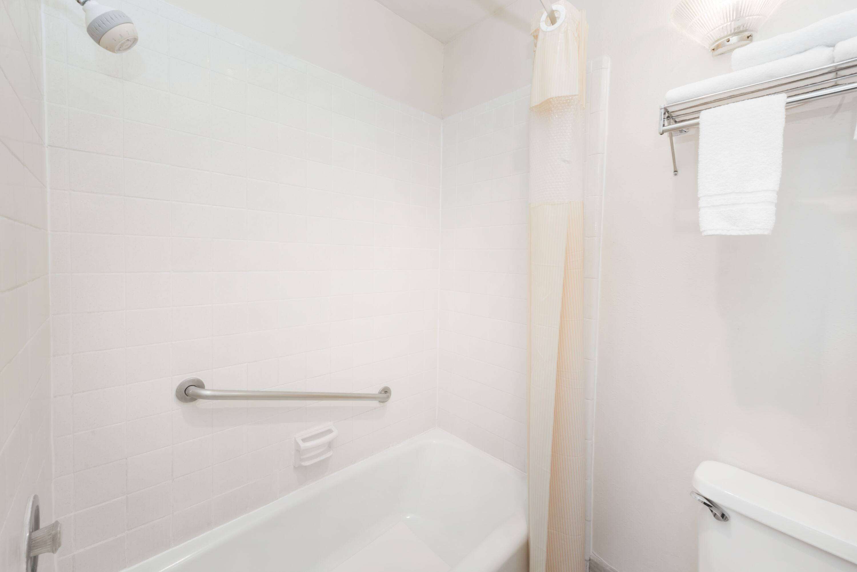 Une salle de bain avec une baignoire blanche, une pomme de douche, un porte-serviettes et des toilettes.