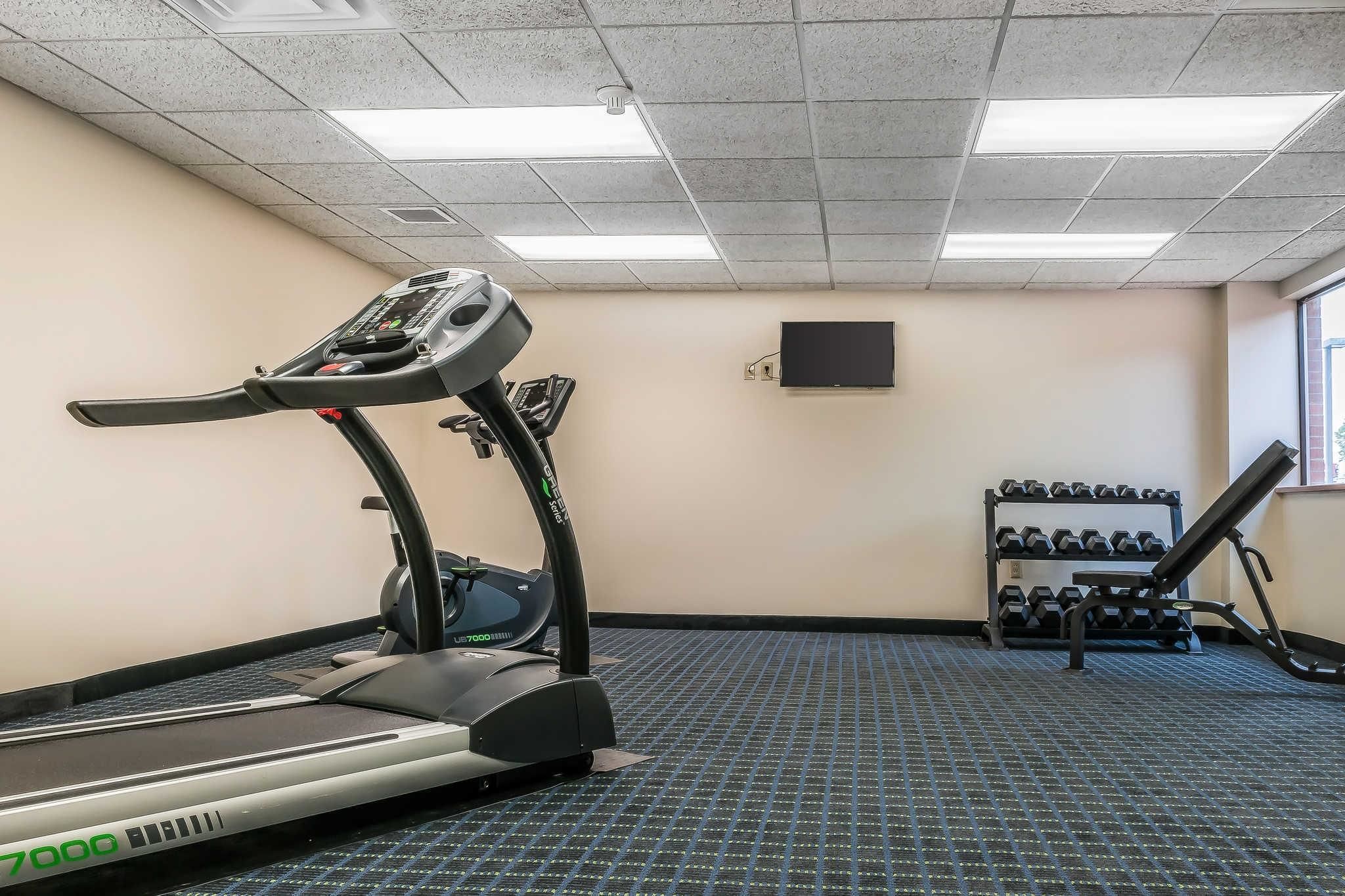 Une salle de sport équipée d’un tapis de course, d’un téléviseur fixé au mur et d’un porte-haltères.