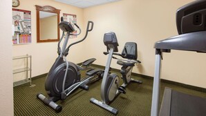 A fitness room with two stationary bikes, a treadmill, and a wall-mounted mirror.
