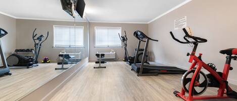 A home gym with exercise equipment, large mirrors, and windows.