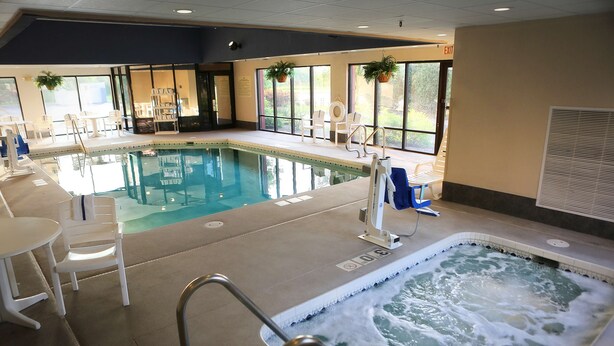Una piscina interior con hidromasaje, sillas de descanso y vistas al exterior a través de amplios ventanales.