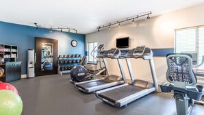 Un gimnasio con cintas de correr, mancuernas y pelotas de ejercicio.